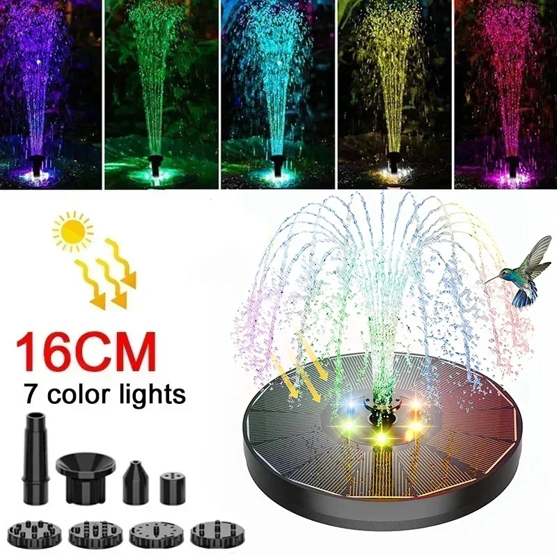 

12LED Solar Charging 1200mAh Fountain Water Pump with color LED Lights for Bird Bath with9 Nozzles Floating Garden Pond Tank