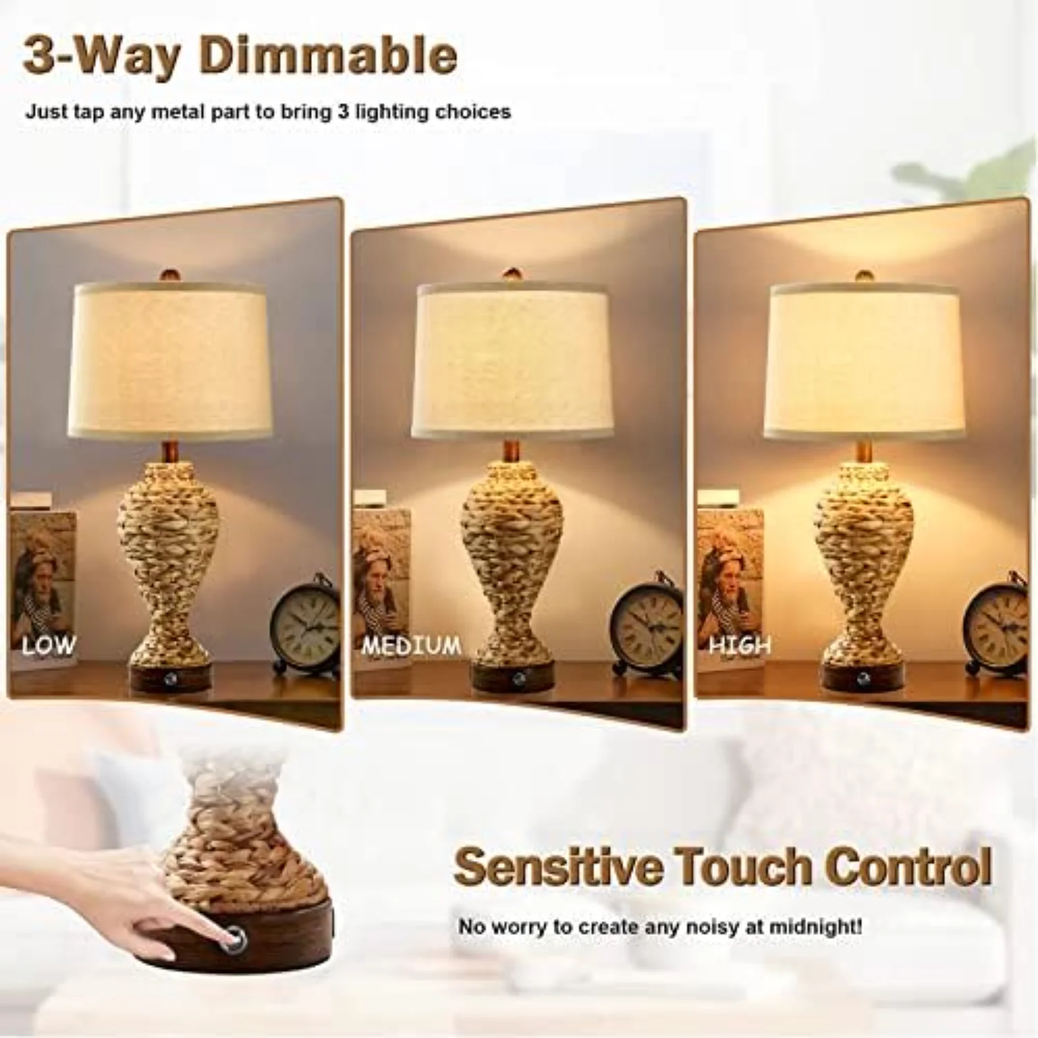 

Set of 2 Rustic Touch Table Lamps for Living Room 3 Way Dimmable Coastal Sea Grass Rattan Bedside Lamps for Bedroom Office Cabin