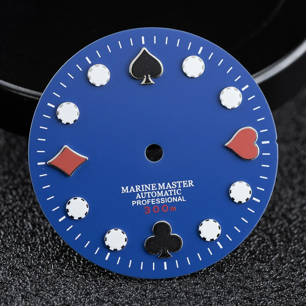NH35 다이얼 28.5mm S 다이얼 포커 Marinemaster NH35/36 무브먼트 용 빛나는 시계 손 수정 된 다이얼 교체 시계 부품