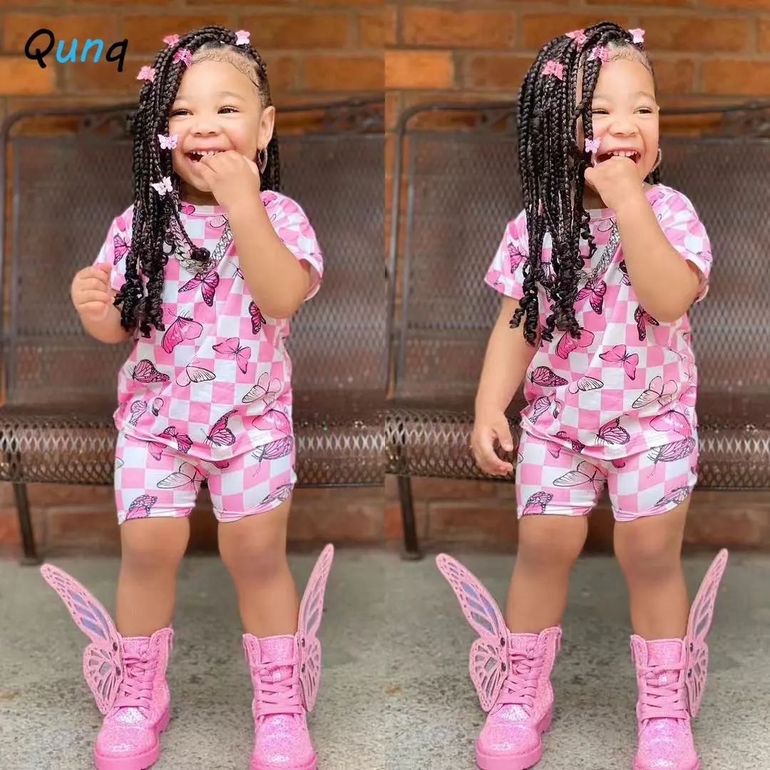 Qunq 2023 Summer INS New Girls Plaid Print Short Sleeve Pullover Top + Shorts 2 Pieces Sets Sporty Casual Kids Clothes Age 3T-8T