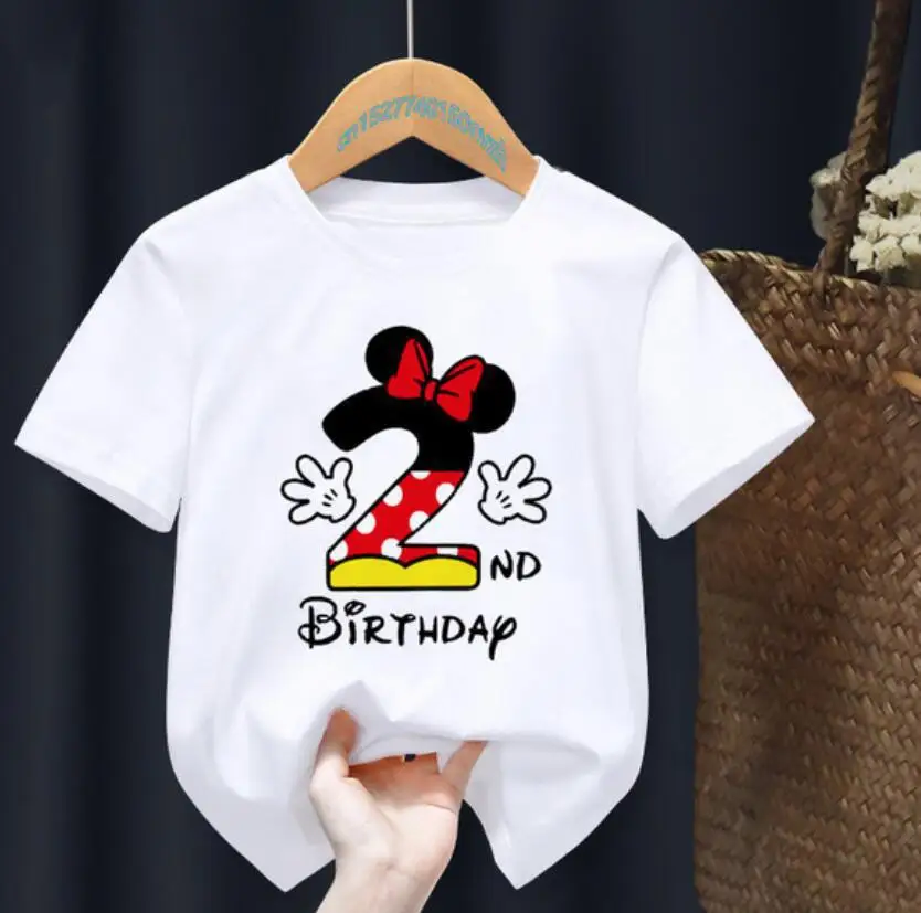 Birthday Number Print Disney 2024 New Kids T-Shirt Cute Cartoon Summer Cotton Short Sleeve Comfortable High Quality Top Fashion