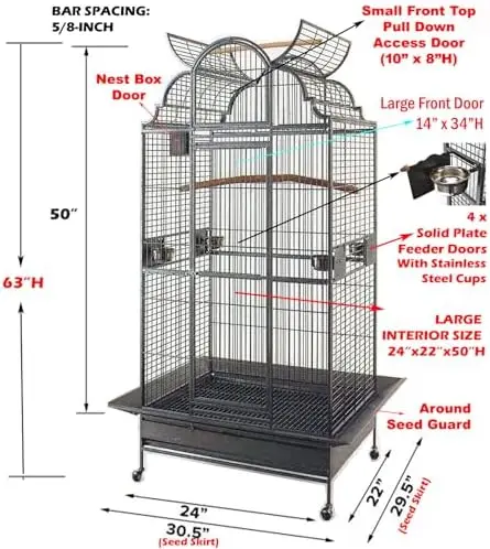Large Elegant Wrought Iron Open Dome Play Top Bird Parrot Cage, Include Metal Seed Guard Solid Metal Feeder Nest Doors