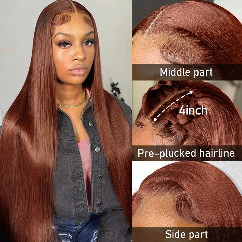 Reddish Brown 13x6 Hd Straight Lace Front Wig 30 32 Inch Human Hair For Women PrePlucked 13x4 Dark Red Brown Lace Frontal Wig