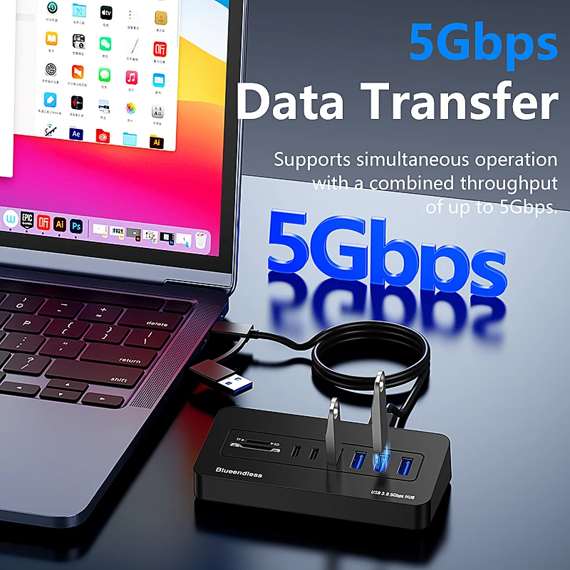 Blueendless Multi-Port USB-C Hub Docking Station 5Gbps USB3.0 Splitter 7/8-Port  2-in-1 Cable 5V External Power For Laptop PC view 4