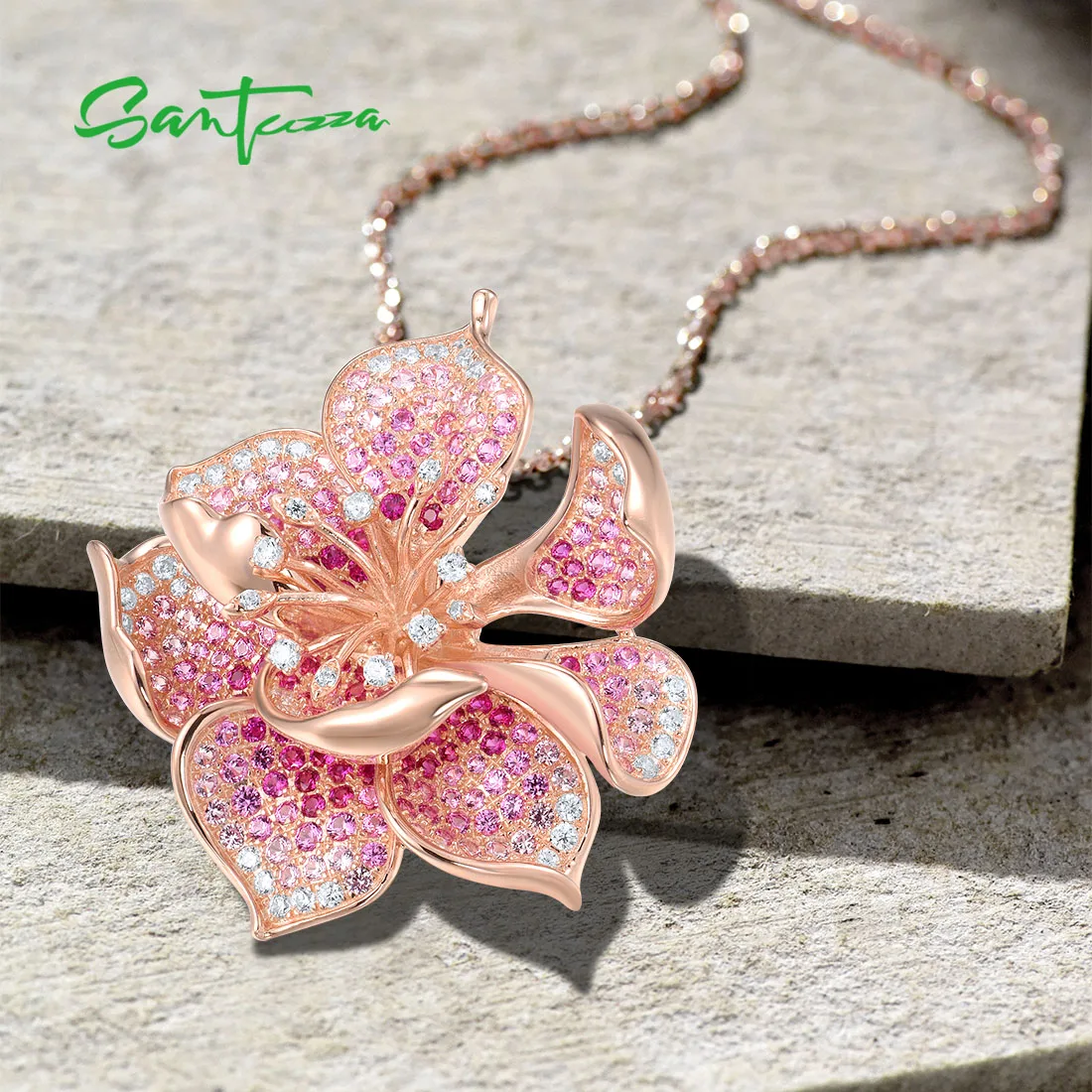 SANTUZZA 925 Sterling Silver Pendant For Women Lab Created Ruby/Pink Sapphire White CZ Gradient Flower Pendant Fine Jewelry