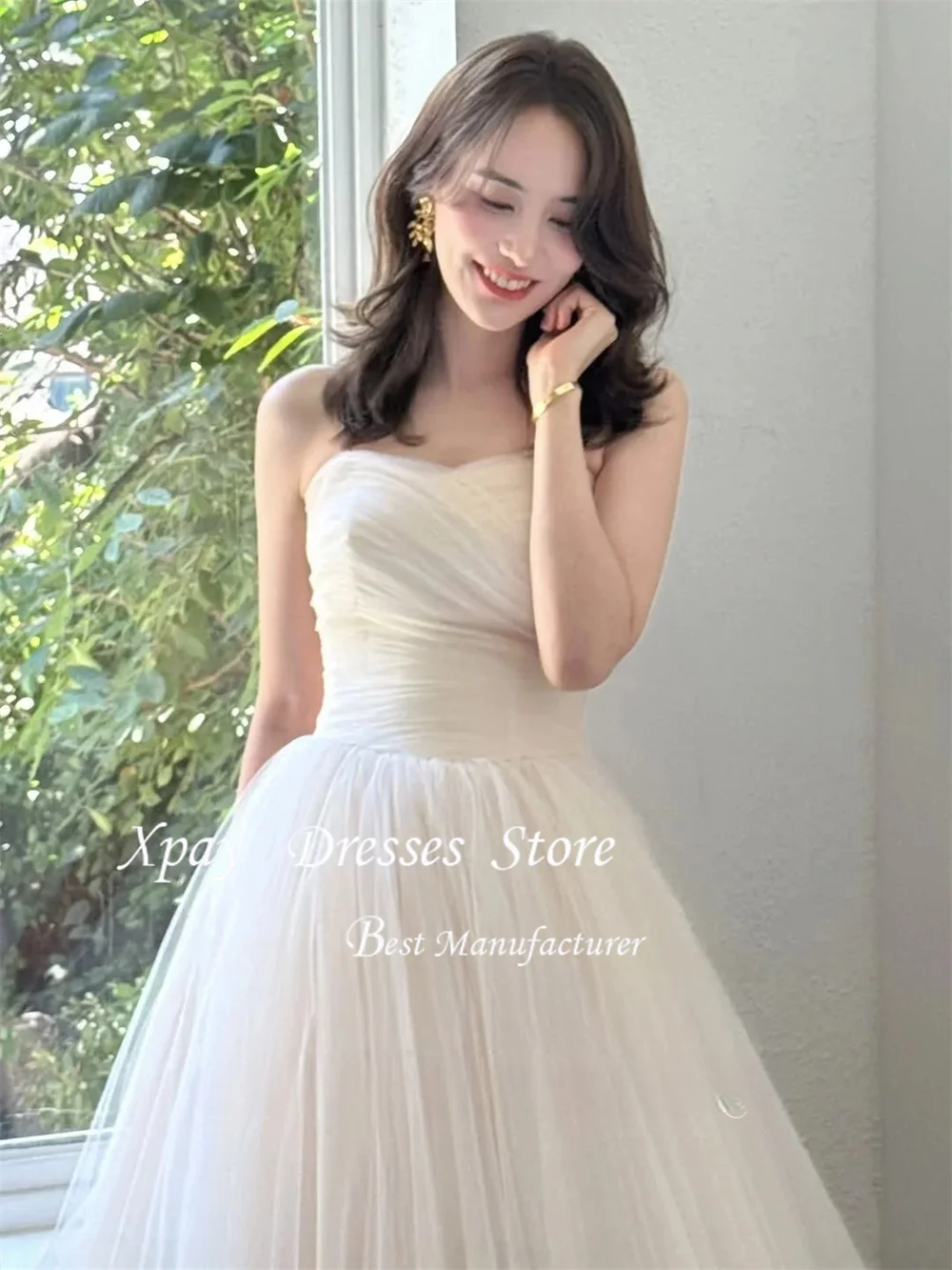 فستان زفاف XPAY Princess A Line من التول الكوري بدون حمالات فستان العروس لالتقاط الصور مخصص بطول الأرض منتفخ طويل فستان العروس
