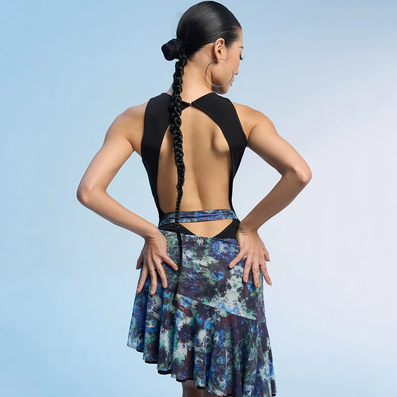 2025 라틴 댄스 대회 의상 여성용 섹시 백리스 바디수트 태슬 프린트 스커트 세트 성인 라틴 댄스복 DQS20901