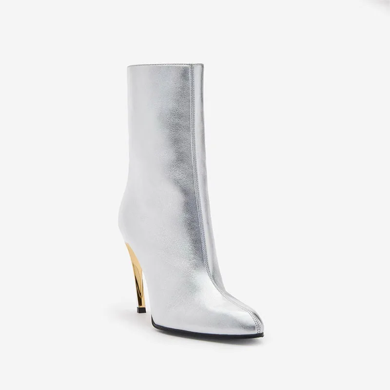 Arden Furtado Silver Plus Size Genuine Leather Short Boots with Metal Alien Heel Pointed Toe Side Zipper Stilettos Heels Modern