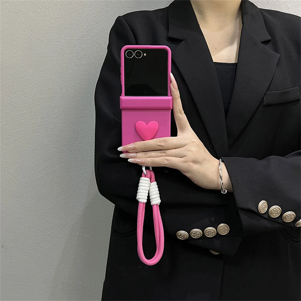 Cute 3D Love Heart Solid Color Phone Case for Samsung Galaxy Z Flip 8 7 6 5 4 3 Flip8 7 FE Shockproof Protector PC Back Cover