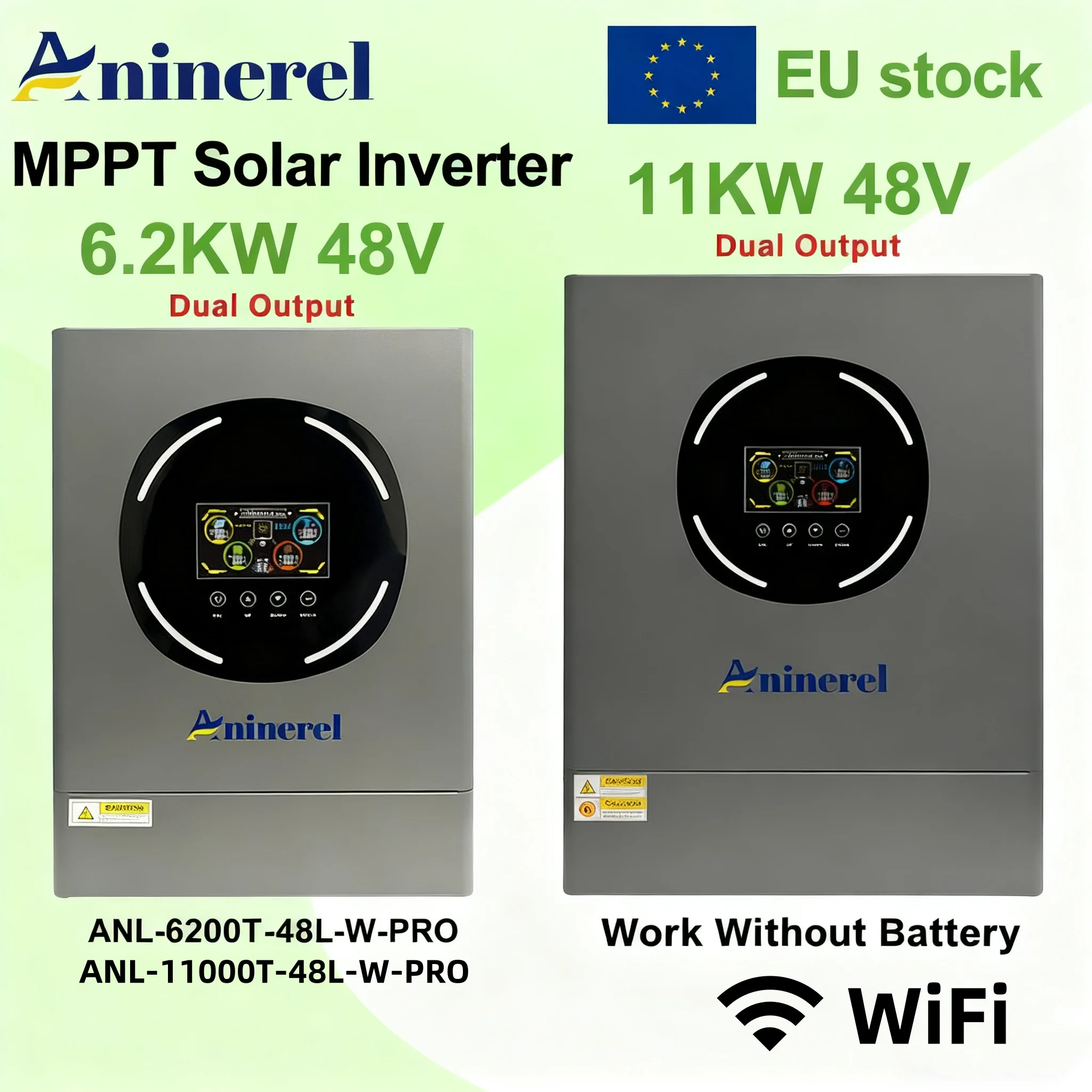 Aninerel جديد 11KW 6.2KW 48V عاكس للطاقة الشمسية الهجين المنزلية المزدوج الناتج المدمج في MPPT 120A 160A جهاز التحكم في الشحن 220 فولت واي فاي