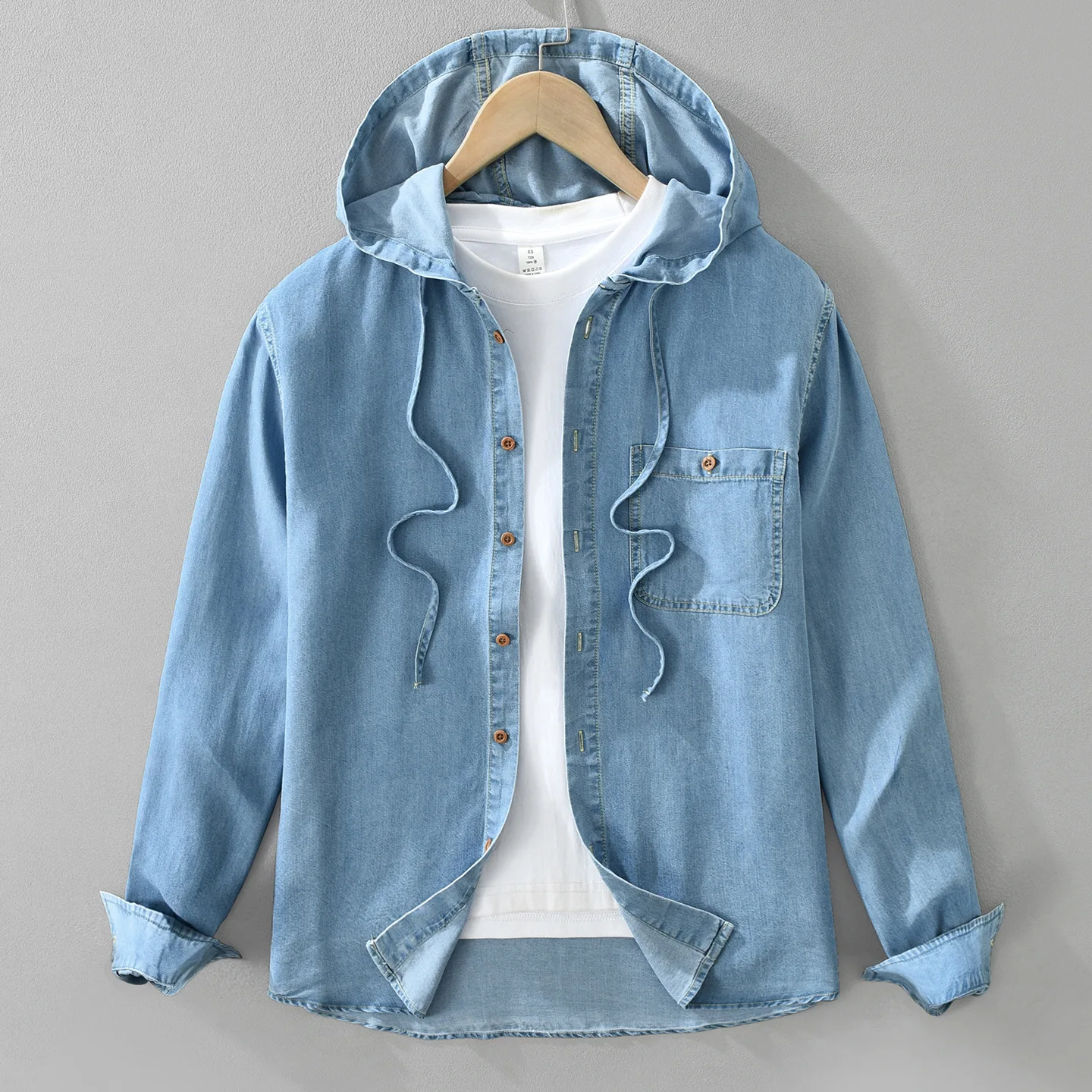 Men Hooded Denim Long Sleeve Shirt Loose Button Up Streetwear Workwear Layering Breathable Fashion Artistic Casual Tops