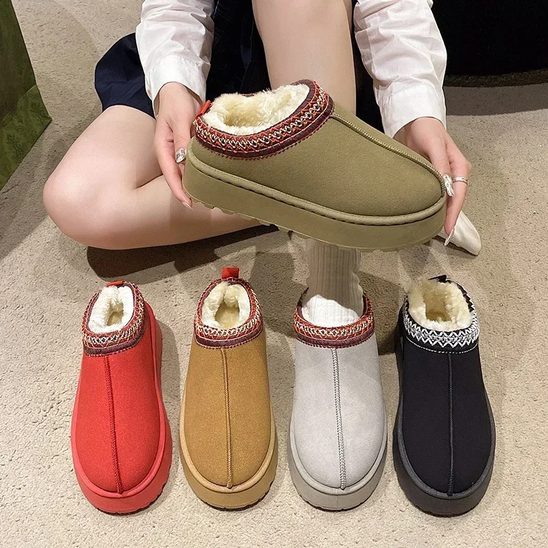 Platform Fur Cotton Slippers Women\'s Shoes New Suede Warm Snow Boots Trend Winter Casual Short Plush Flats Mule Zapatillas Mujer