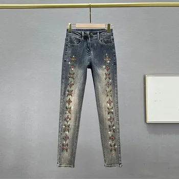 New Embroidered Jeans Pants Women's High Waist Slim Hot Drilling Pencil Pants Ladies Casual Elegant Denim Pants Trousers Female