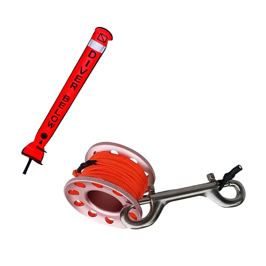 Scuba Dive Reel SMB Kit with 15m Line Double Ended Bolt Snap Clip Surface Marker Buoy for Deep Sea Diving Safety