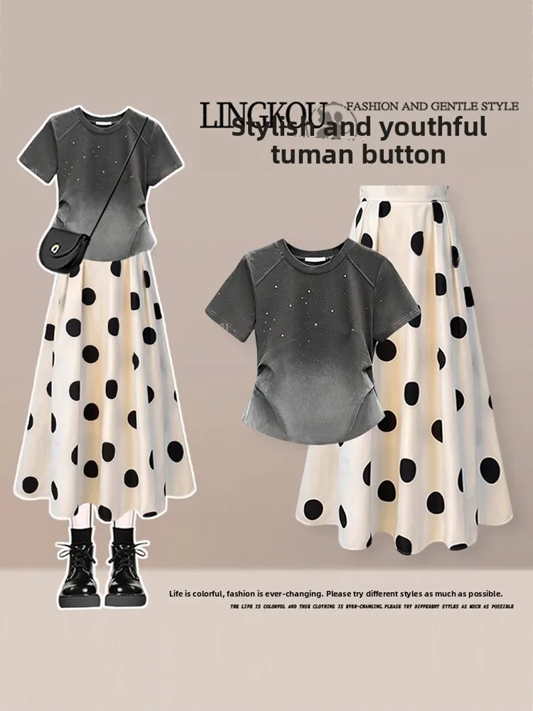 

Summer Fashionable Women's Gradient Shoulder High Waist Slim Fit Polka Dot Skirt And T-shirt Two Piece Set Casual Chic