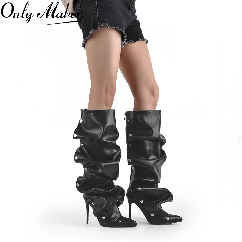 Onlymaker damskie szpiczaste Toe plisowane cienki obcas buty do kolan zamek błyskawiczny z tyłu modne guziki szpilki odpinane buty