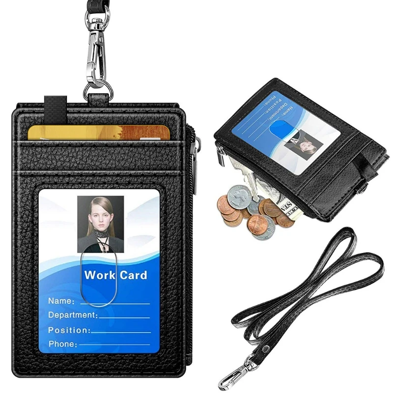 Badge Holder with Zipper ID Card Holder Wallet with Neck Lanyard RFID Blocking X7YA