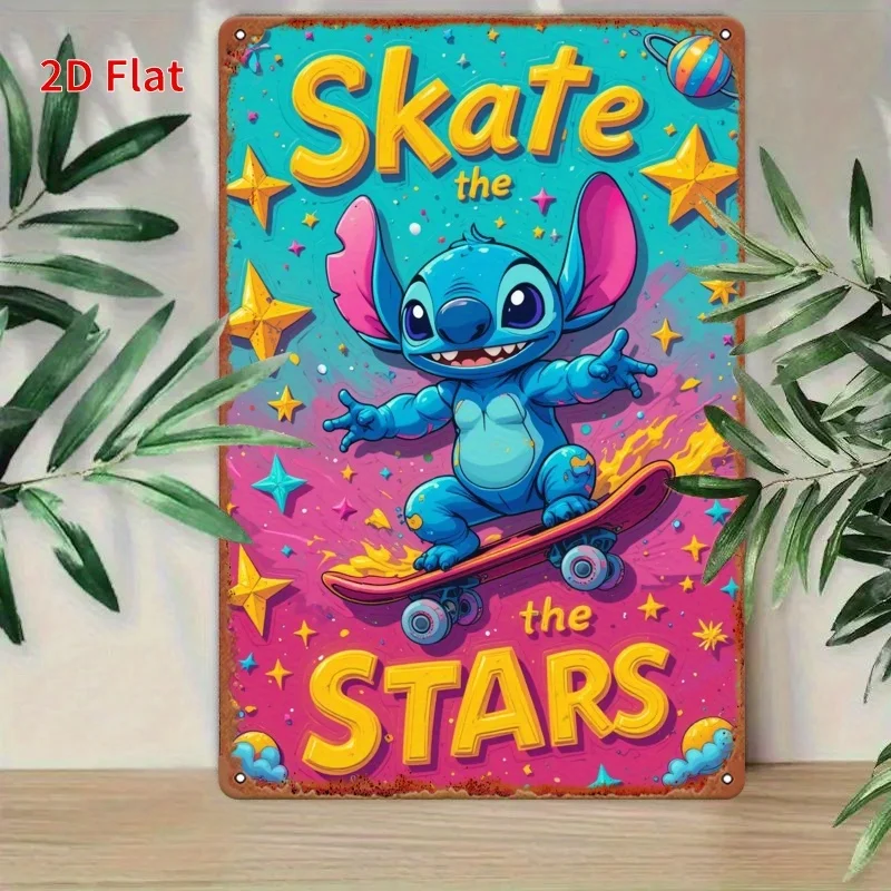 قطعة واحدة من ديكور فني جداري معدني من Stitch Skate the Stars - 20.32 × 30.48 سم تصميم كوني نابض بالحياة مع غرز ونجوم للتزلج، داخلي