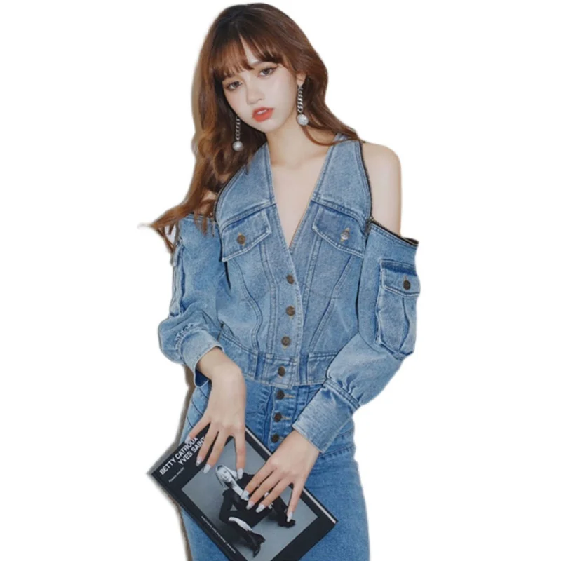 2024 primavera denim jaqueta feminina casual fora do ombro jaqueta outono manga longa único breasted vintage jean casaco streetwear