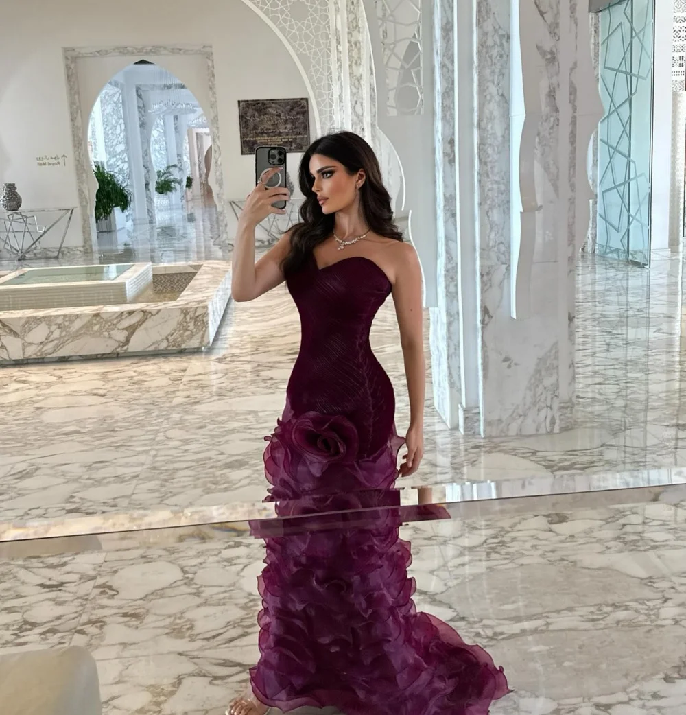 

Contessa Dubai 3D Flower Sheath Strapless Prom Dresses Burgundy Sleeveless فساتين سهرات Sweep Train Mermaid 2025 robes de soirée