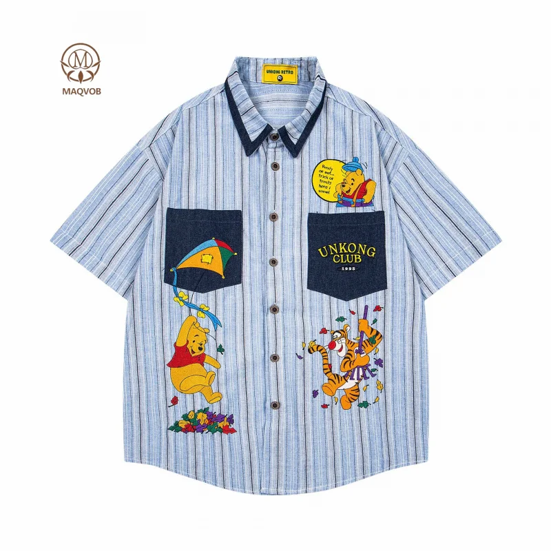

MAQVOB High Quality EU US Size Men's Vintage Cartoon Embroidery Striped Casual Shirt Short Sleeve Unisex