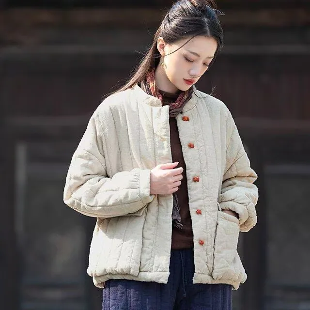 Women Vintage Cotton Linen Parkas Stand Long Sleeve Button Cotton Warm Coat 2026 Winter Solid Color Chinese  Short Parkas
