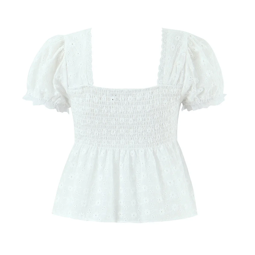 Frauen sommer neue lässig kurzarm V-ausschnitt patchwork spitze hohl stickerei spitze up blase hülse kurze top