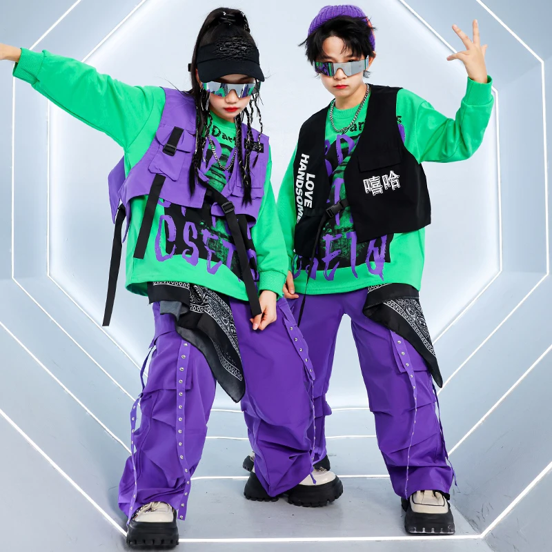 

Children Hip Hop Dance Costumes For Girls Green T-Shirt Purple Vest Hiphop Pants Suit Boys Jazz Performance Stage Wear DQS17414