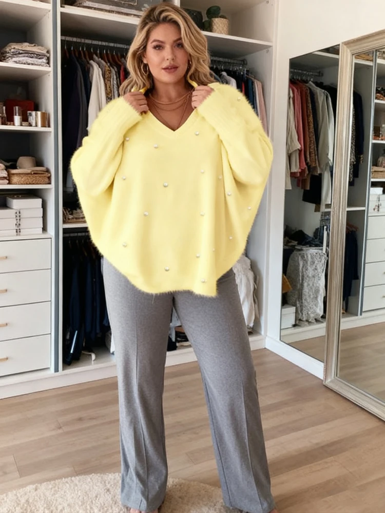 جديد حجم كبير الخريف الشتاء النساء الملابس الصلبة الخامس الرقبة مطرز سترة كل مباراة أنيقة اللؤلؤ البلوز الأعلى Kpop فضفاض الساخن Seler #3