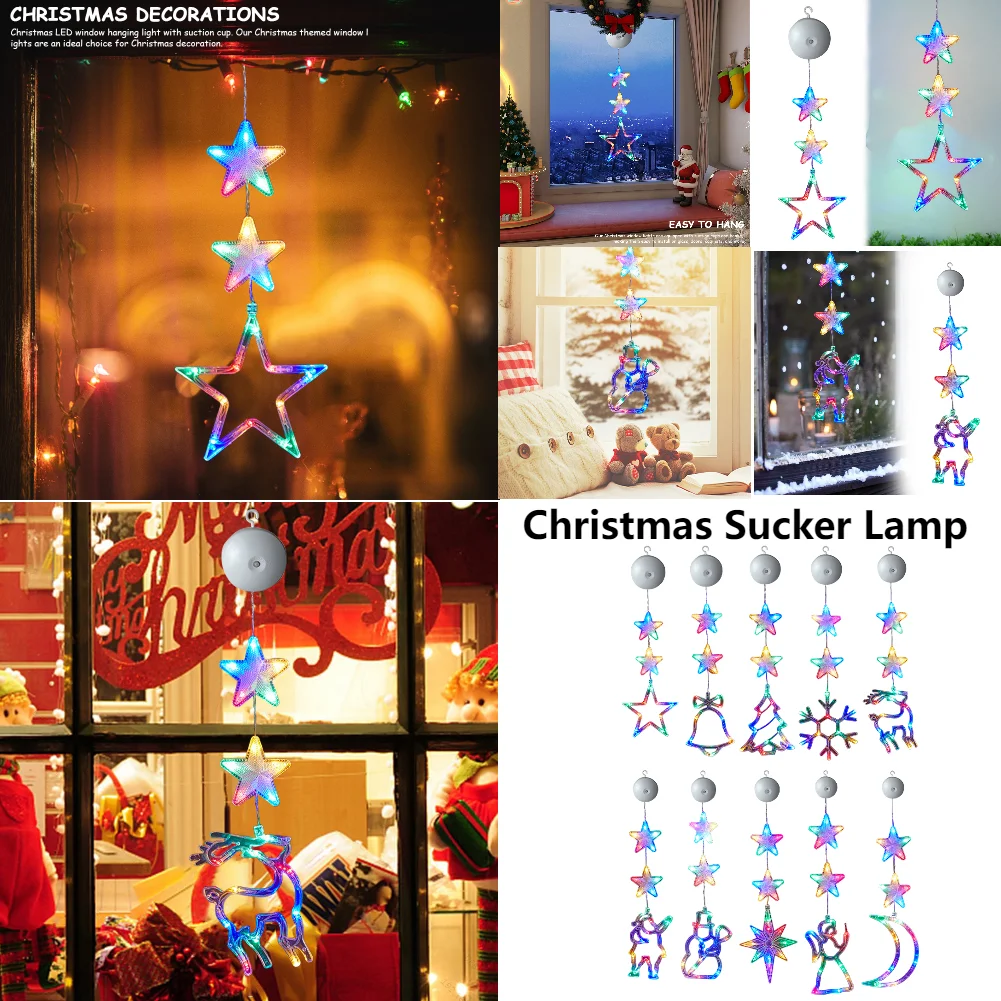 Christmas Sucker Lamp LED Lights Bell Snowman Star Holiday Window Decoration Battery Powered Hanging Lamp for Home Decor Navidad