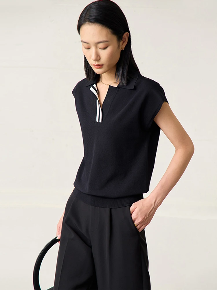 AMII Minimalism Womens Clothing Solid Black Pullovers 2023 Summer New Straight Turndown Collar Casual Female Knitwears 12342350