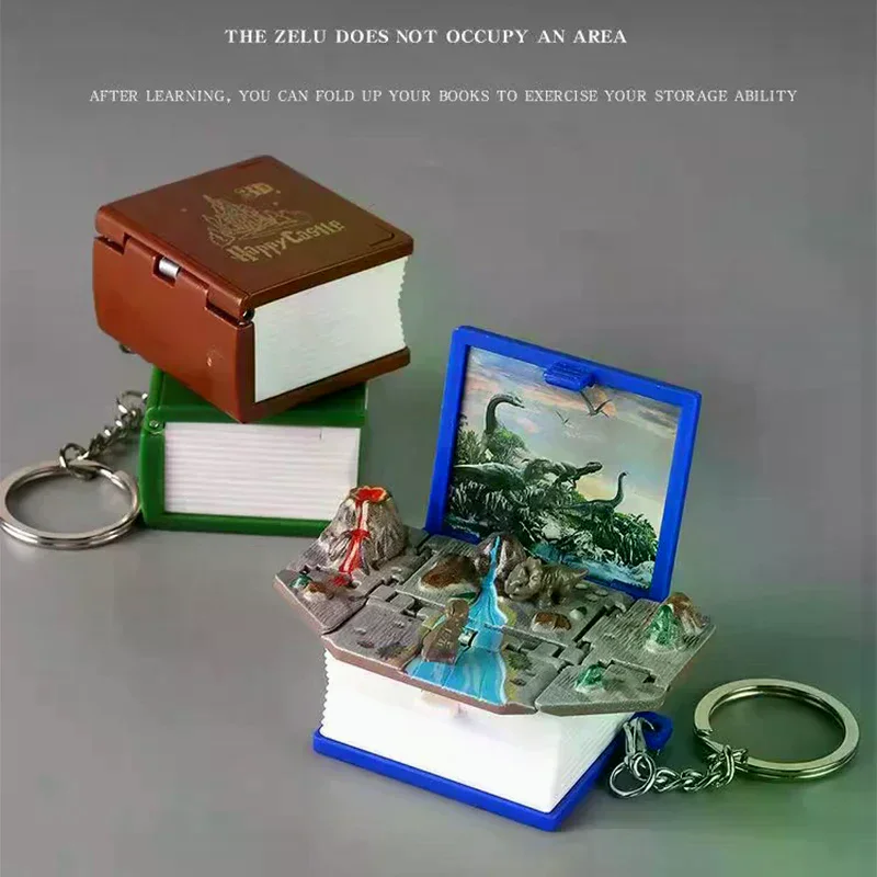 1PC Fold Book Keychain 3D Dinosaur Castle Popup Keyring Anxiety Stress Relief Children Kids Toy Christmas Gift view 3