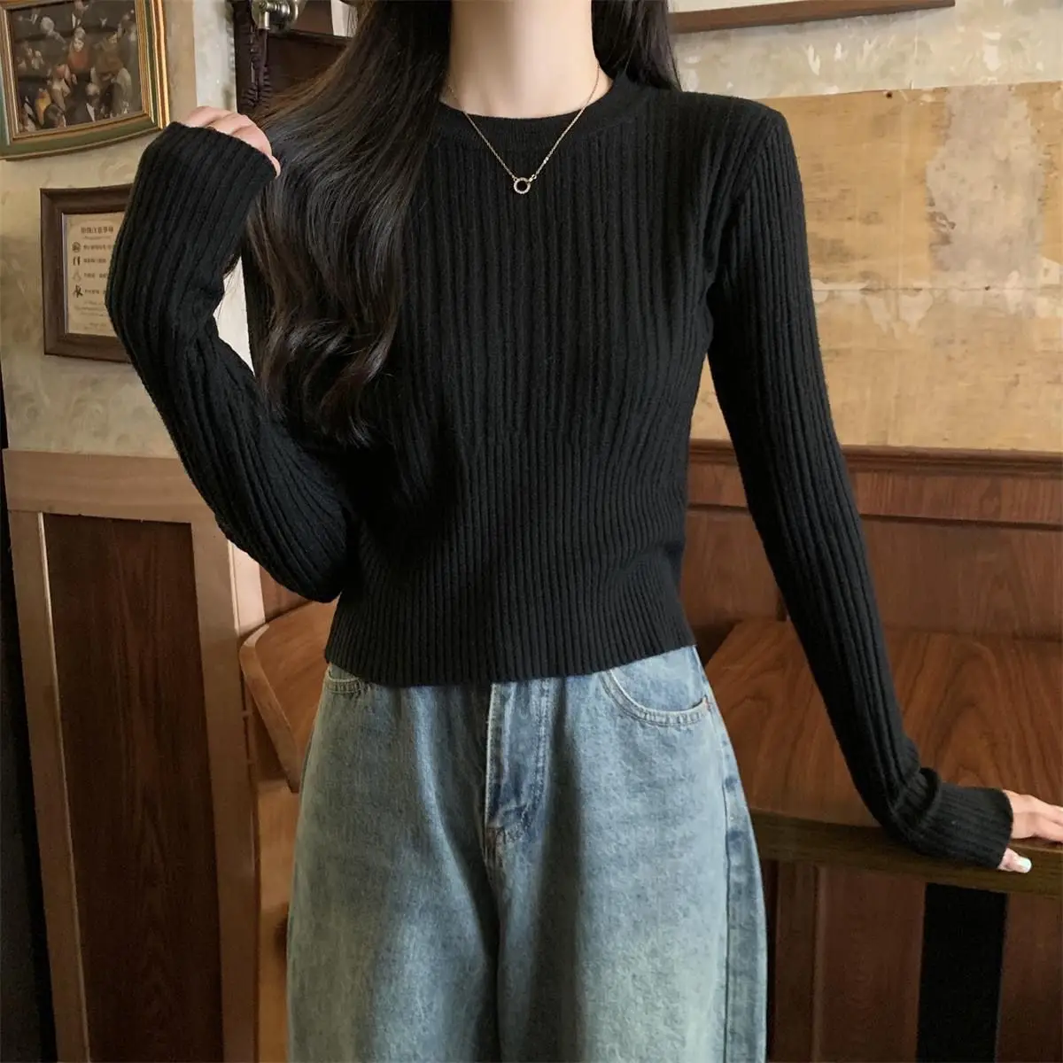 Chic Slim Fit round Neck Long Sleeve Women's Base Shirt Autumn Winter New Arrival Cashmere Feel Knitted Sweater Inner Wear Top