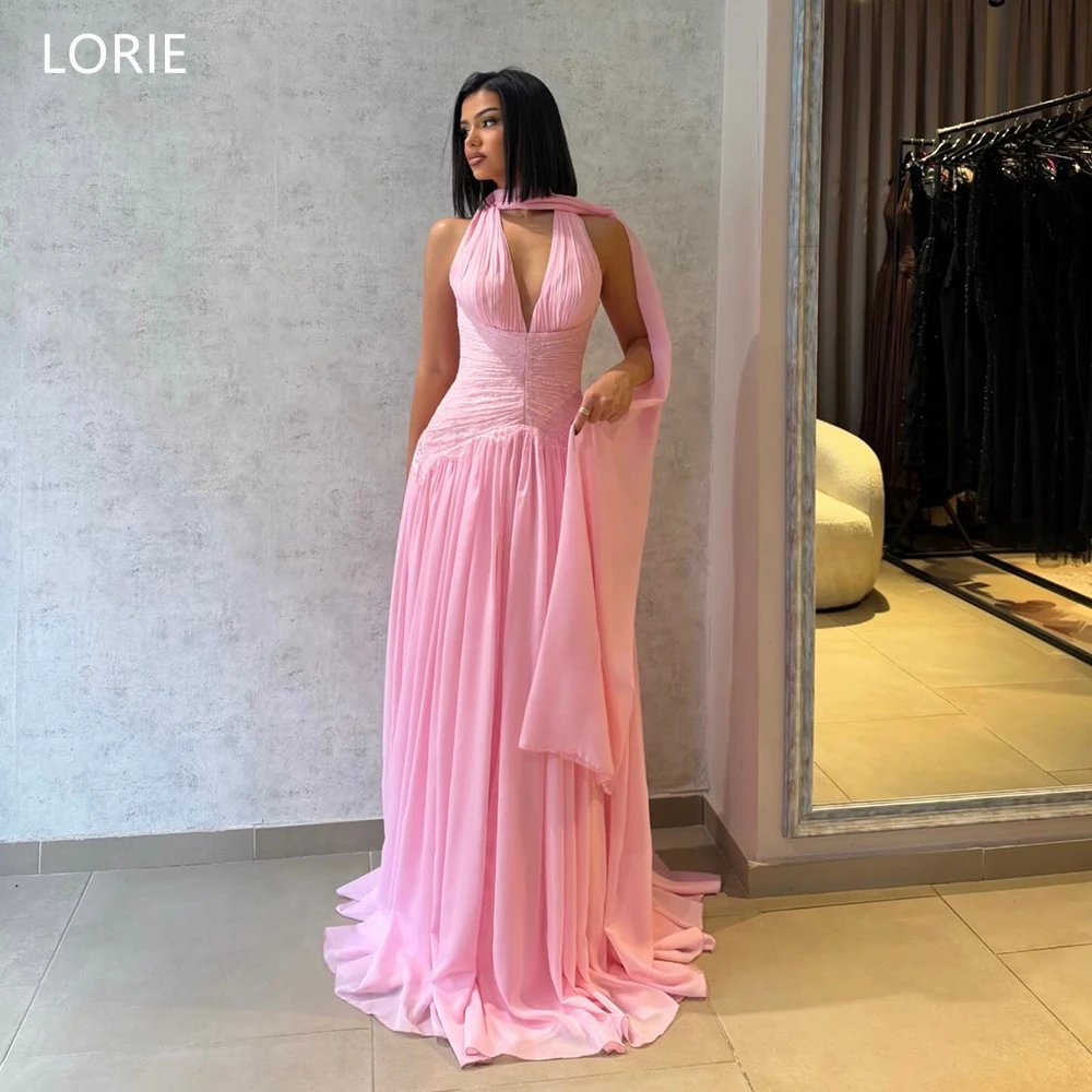 

LORIE Charming Pink Chiffon Party Dresses Pleats V-Neck Lace Sleeveless Evening Prom Dress Draped A-Line Prom Gowns Customized