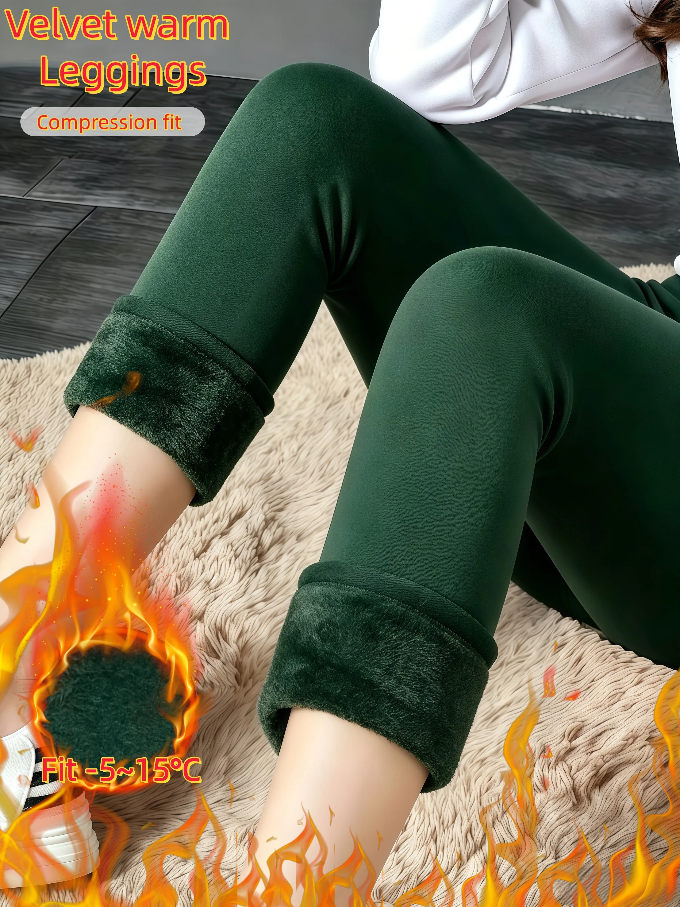 1er-Pack Dunkelgrüne Thermo-Leggings aus Perlfleece, Weiche Dehnbare Kälteresistente Hosen für Winterausflüge und Loungewear – Detail 2