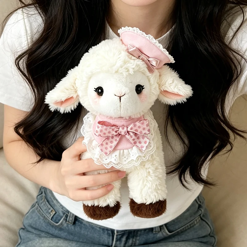Cute Lolita Sheep Plush Doll Soft Stuffed Lamb Toy with Pink Bow Hat Lace Dress Kawaii Animal Plushie Birthday Gift for Girls