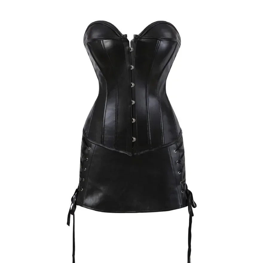 

Gothic Faux Leather Corset Dress Women Sexy Overbust Corset Bustier Lingerie Top With Mini Skirt Set Party Burlesque Costumes