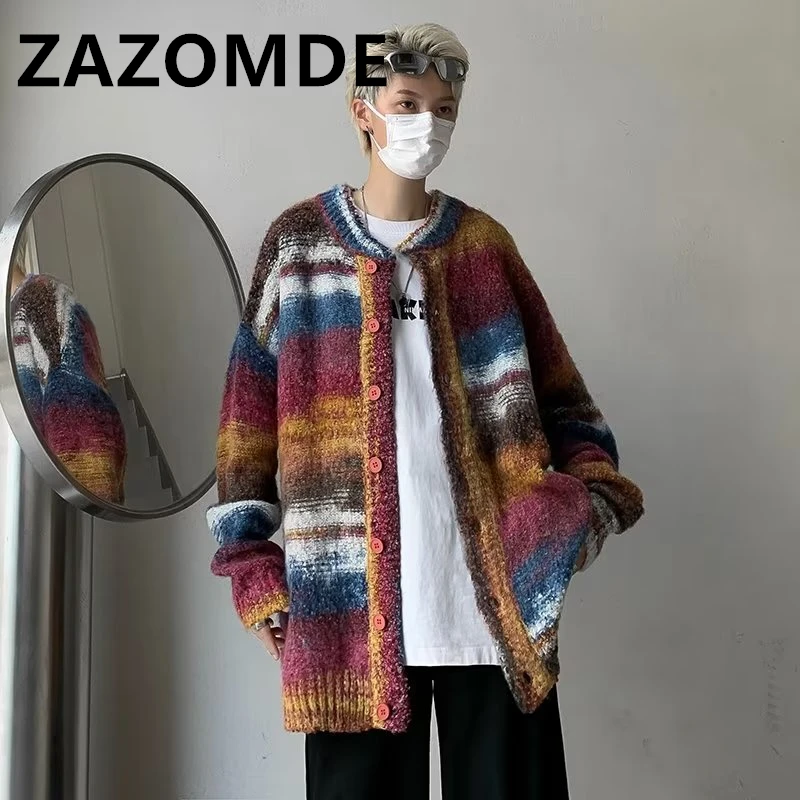 ZAZOMDE Winter Punk Knitted Sweaters Men Stripe Designer Oversized Harajuku Streetwear Sweaters Fall Hip Hop Cardigan Jumper Top