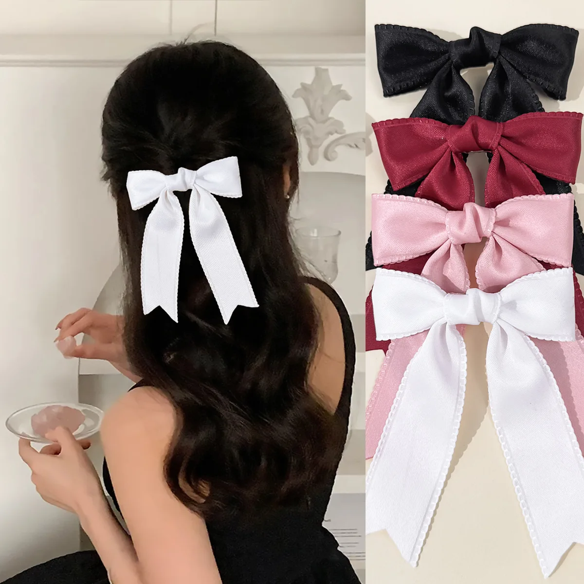 

36pcs Frill Ribbon Bow Hair Clips 4.3 Inch Wave Edge Long Tassel Barrettes Kids Baby Headwear Bulk Pack for Girls