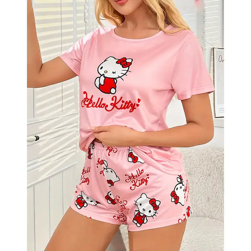 Pajama Set Hello Kitty Women's Spring Summer New Style 2026 Cartoon Cute Short-Sleeved Shorts Two-Piece Home Set Girl's Comfort view 6