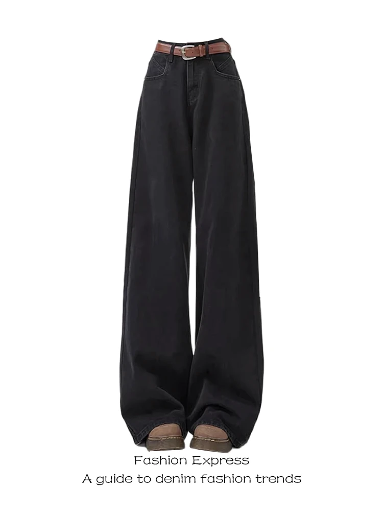 

High Waist Black Wide Leg Denim Jeans Women's Autumn Winter Fashion Slim Straight Drapey Floor-Length Pants Cover Hip