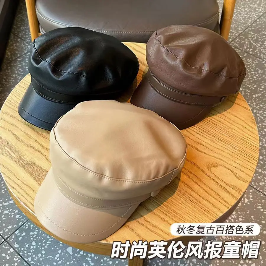 

Корейская повседневная шляпа газетчика унисекс, черная восьмиугольная шляпа из искусственной кожи, зимняя кепка в британском стиле ретро