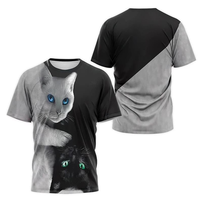 Black And White Animal T-shirt For Men's Clothing Funny Cat Tiger Print Short Sleeve T Shirts Leisure Fashion Cute Animal Tee