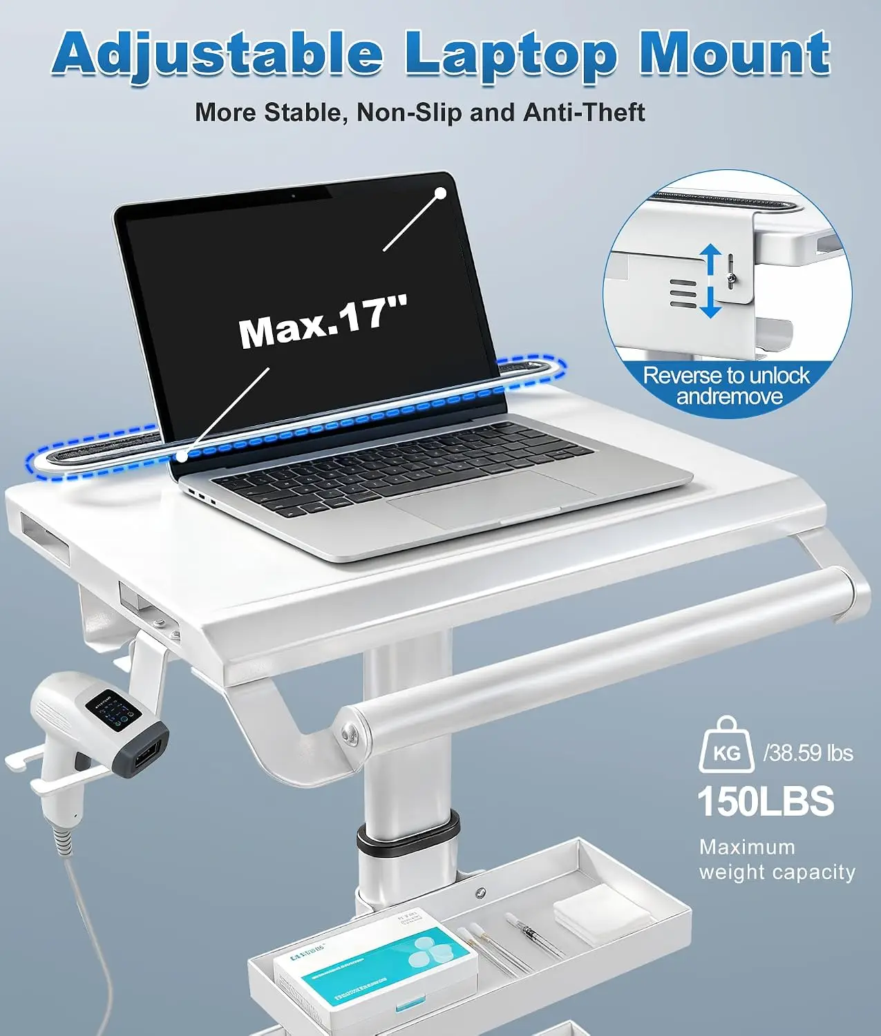 Height Adjustable Medical Lab Utility Cart Mobile Hospital Trolley Scanner Holder Trays Basket Large Tabletop Dental Clinic Salo