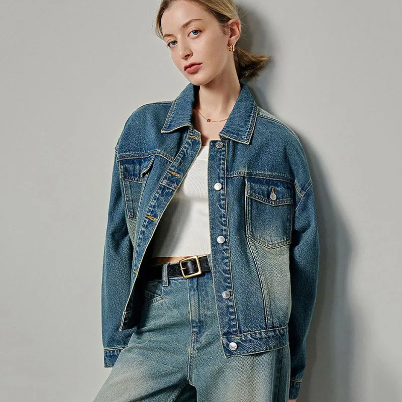 

Xpqbb Autumn New Women's Denim Coat Single Breasted Full Sleeve Patchwork All-Match Jacket Fashion Streetwear Denim Overcoat