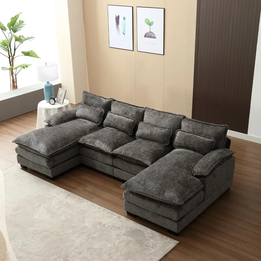 Convertible Sectional Sofa with Double Chaise & Cushions, 4 Seats, Large Sofas with Backrest, Convertible Sectional Sofa