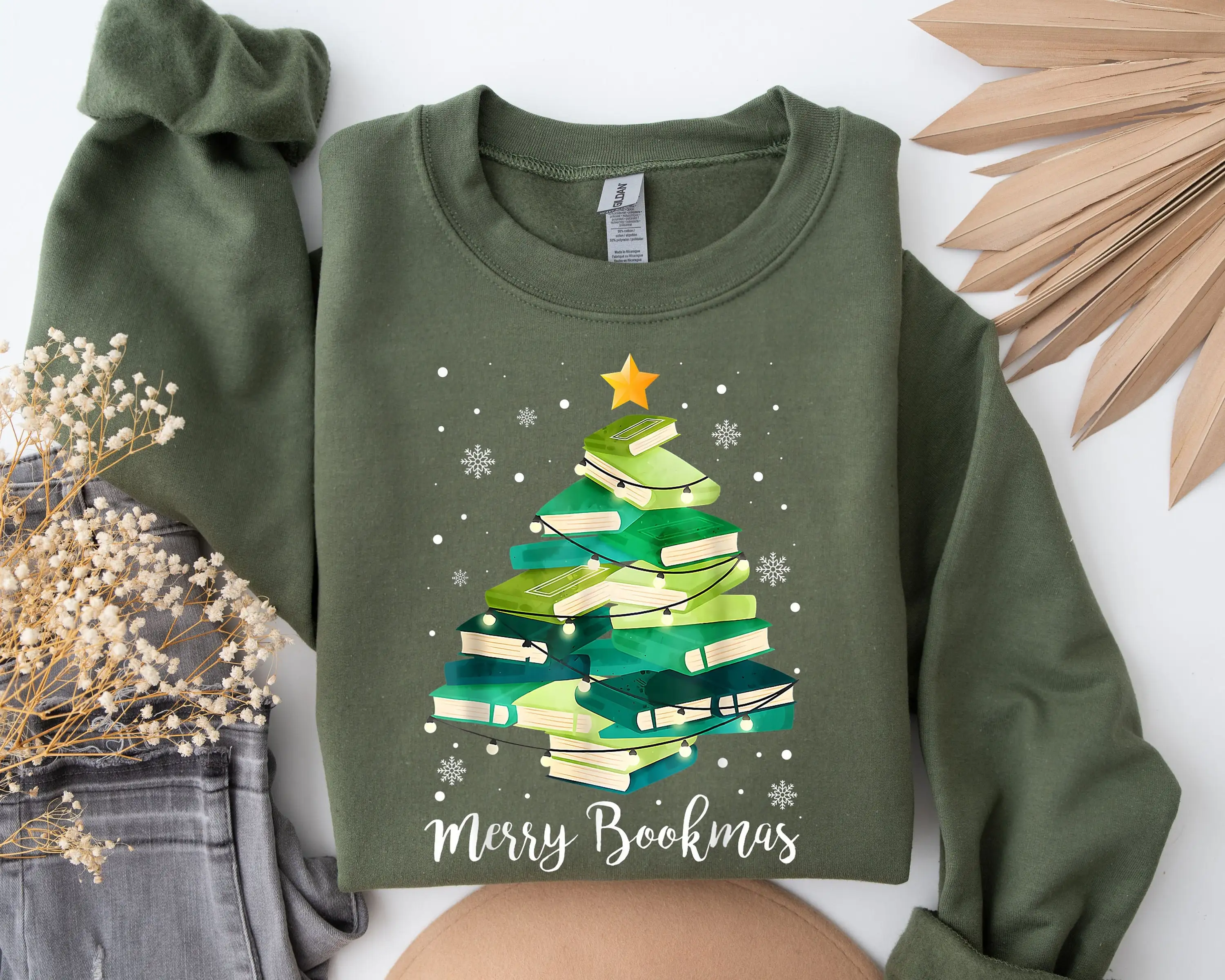 Merry Bookmas Christmas Women Sweatshirt Gift for Book Lovers Christmas Sweater 2023 Voguish Outdoor Female Christmas Tops