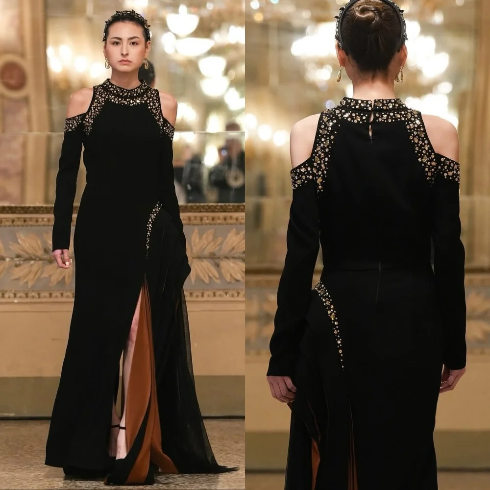 

Customized Matching Sparkle Jersey Pleat Tiered Rhinestone A-line Scoop Neck Long Dresses Bespoke Occasion Dresses High Quality