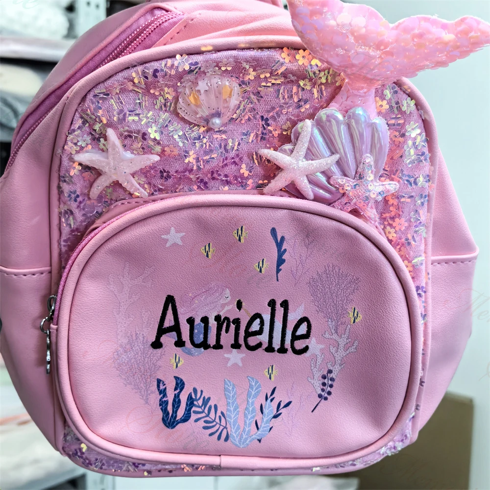 Mochila de sirena para niña de jardín de infantes, bolso de PU de dibujos animados, nombre personalizado, tamaño pequeño, bolsa de aperitivos al aire libre