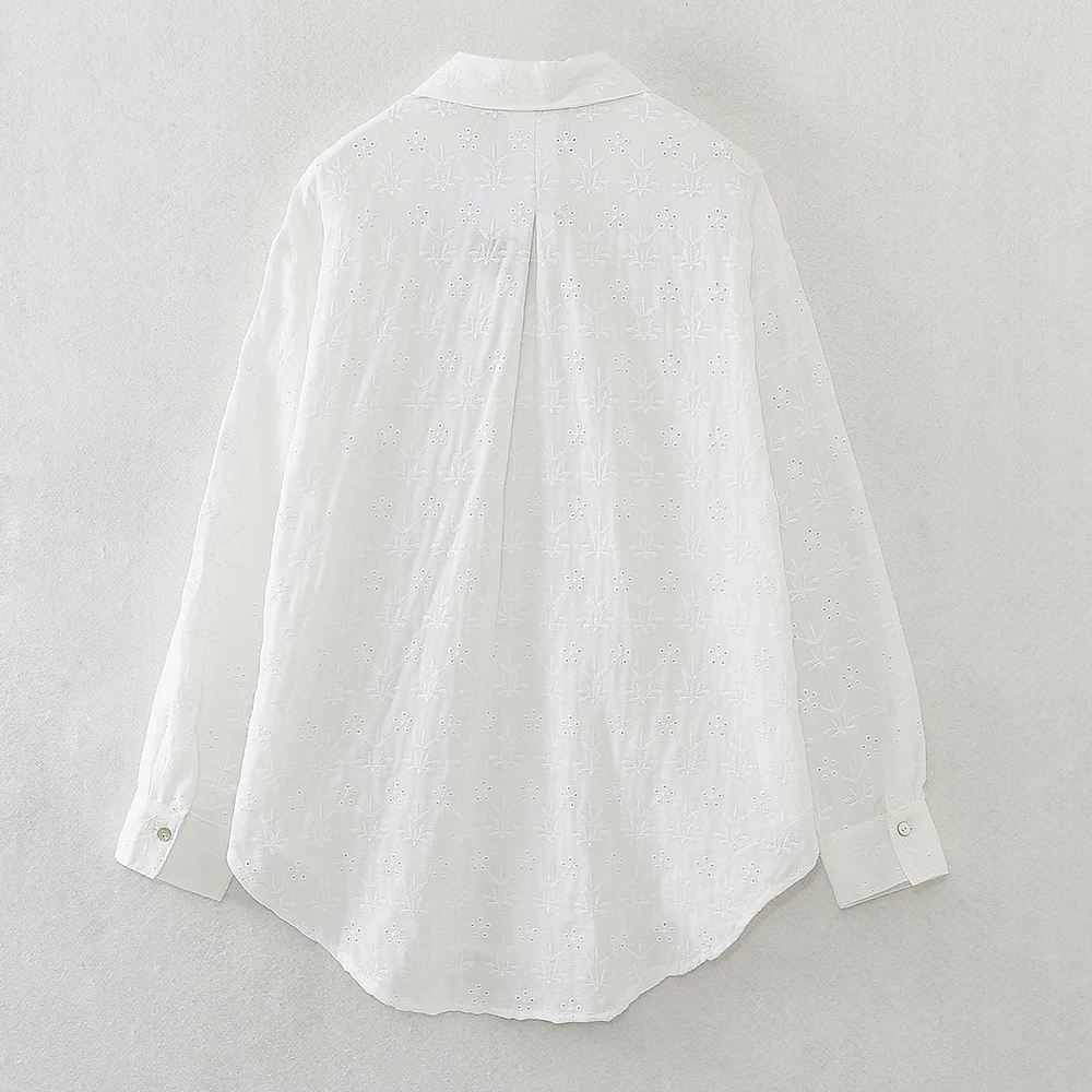 Tangada Women White Embroidery Cotton Shirt Long Sleeve 2024 Female Blouse Tops 6H0151